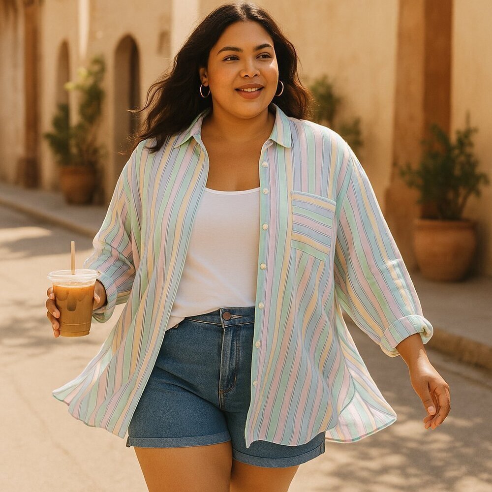 New Easel Los Angeles Pastel Striped Button Down Top 1X Oversized Cotton Blouse